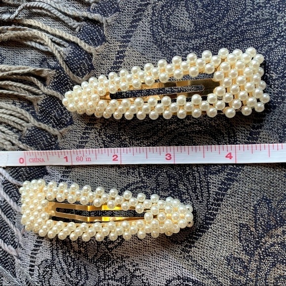 Ivory Pearl embellished clip on barrettes, pair glam prom wedding dressy dance - Picture 9 of 10